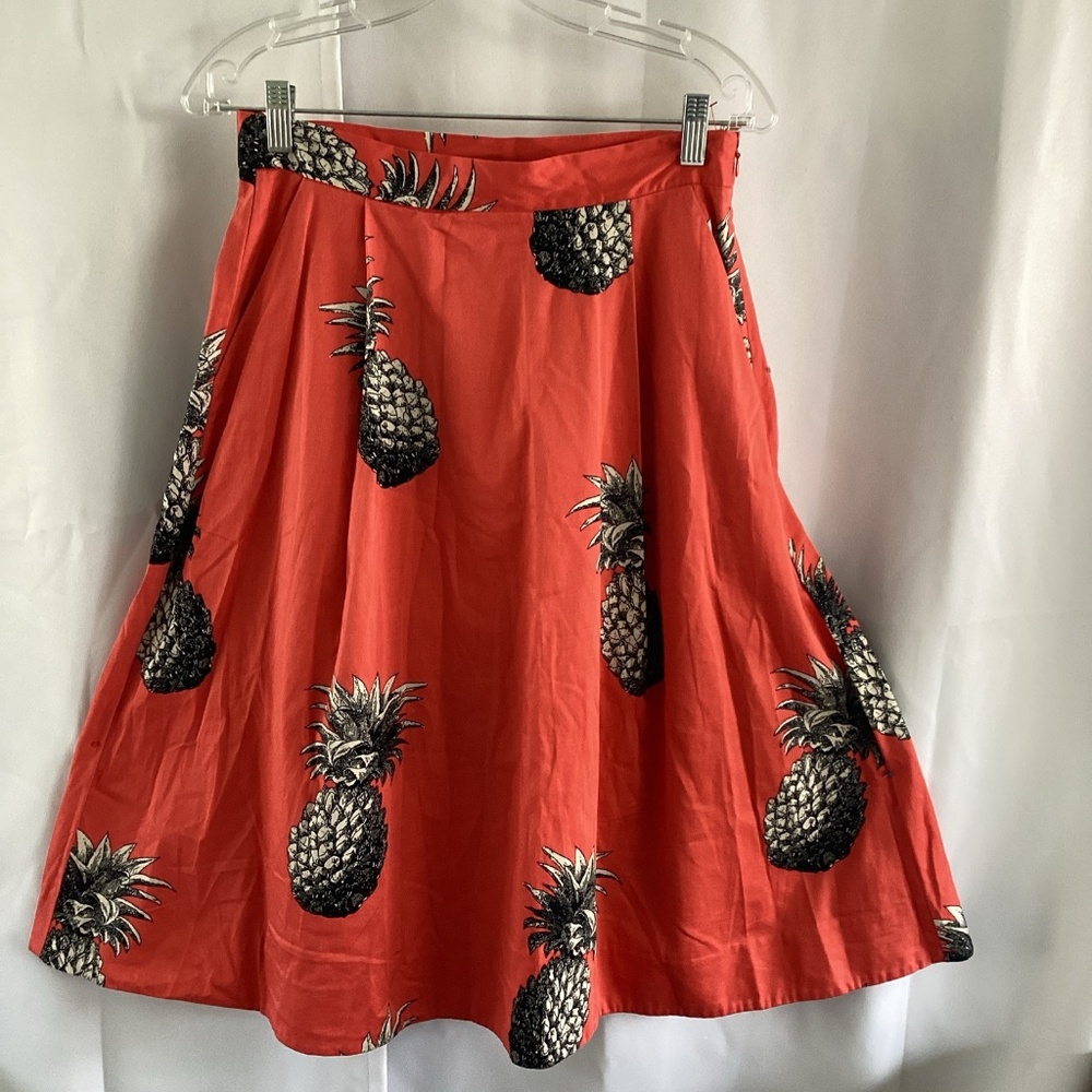 Anne Klein Red & Pineapple Design MIDI Skirt Slit Pockets Pleat Waistline Sz 4